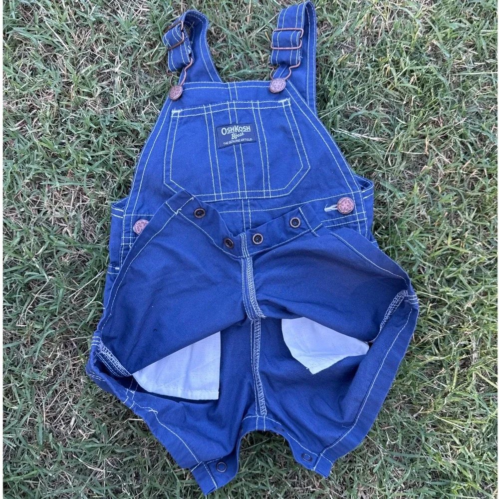 Vintage OshKosh B'gosh Made In USA Blue Canvas Overalls Shorts Snap Inseam